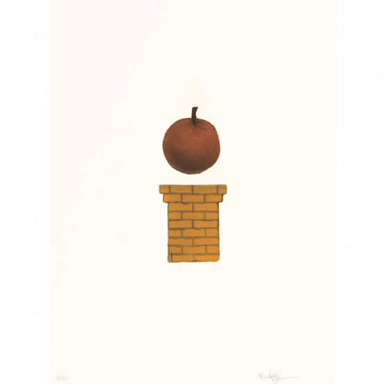 Levitating apple, an etching by Swedish artist Theo Ågren at ed. art