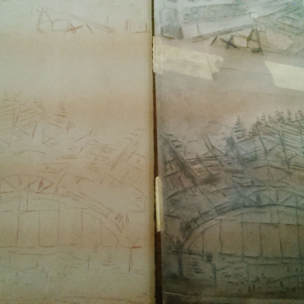 Teckningen till höger fungerar som förlaga och dess linjer överförs till stenen (till vänster) för tryck (litografi).