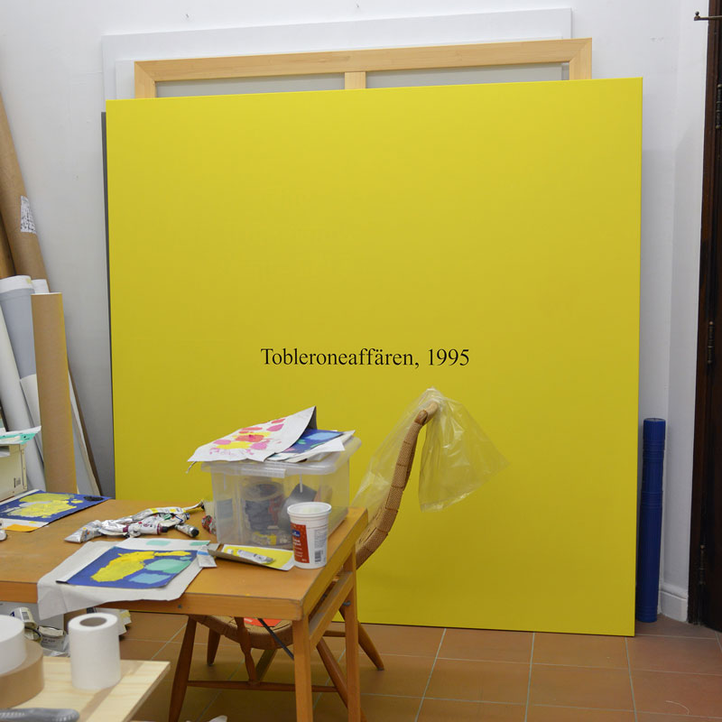 Preparations for the exhibition ”Mona Sahlin”, at Galleri Thomas Wallner, 2015. The painting shown here is ”Mona Sahlin, 1995”, oil on canvas.