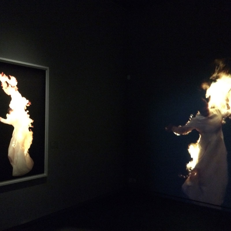The video and photographic work "Night" depicts a figure on fire, walking back and forth, and in that movement reflecting itself. It is the starting point of the etching that Gyllenhammar had made for ed. art. 