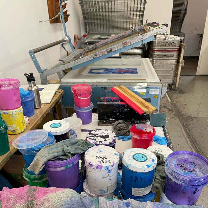 From the artist Maria Bajt's studio. Colors for printing is seen in the front.